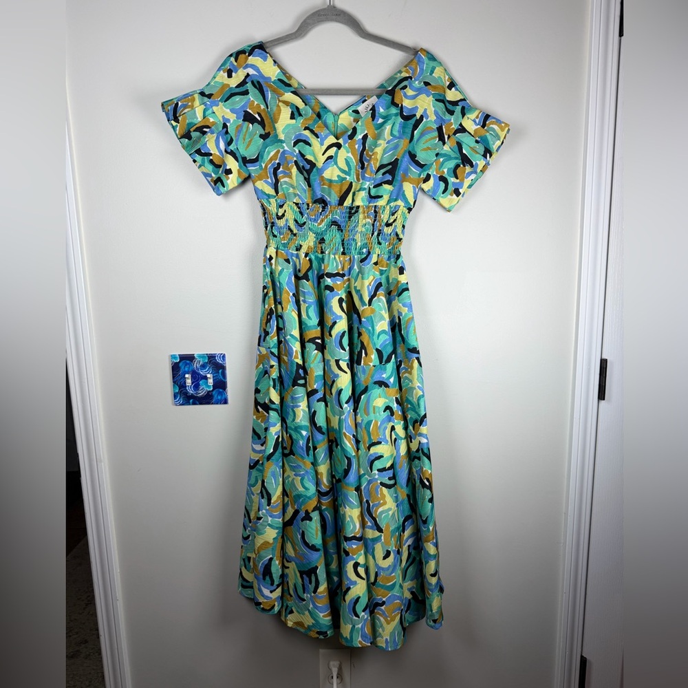 Lili Sidonio Womens Small Smock Waist Abstract Print Dress Midi Maxi Mint Jeanne
